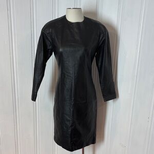 Vintage AMBRIA Black Genuine Leather Fitted Dress | Quilted Shoulders | Size 10